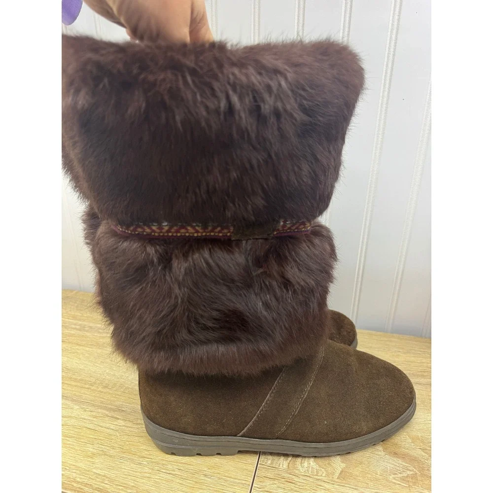 Minnetonka Women‎ 9 Brown Suede Rabbit Fur Mukluk Winter Boots Woven Yeti